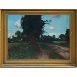 Manner of Harry Becker (1865 - 1928), oil on canvas - cattle grazing beside a wooded lane,