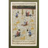 Fine antique Persian watercolour bookplate depicting a hunting scene with warriors with swords and