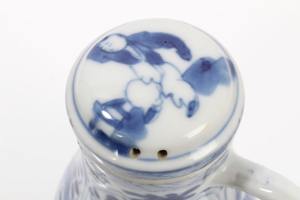 Late 17th century Chinese blue and white jug and cover with moulded and painted figure and floral - Image 3 of 12