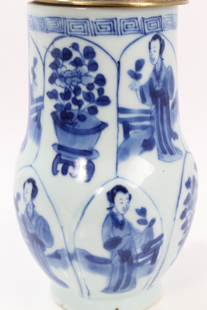 Late 17th century Chinese Kangxi blue and white and gilt metal mounted tankard and cover with - Image 7 of 13