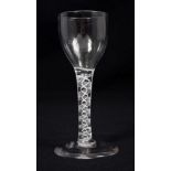 Mid-18th century Georgian cordial glass with funnel bowl, double opaque twist stem on splayed foot,