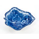 18th century Bow blue and white leaf-shaped pickle dish with grape decoration and moulded veins to