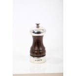 Contemporary silver mounted pepper grinder of capstan form, with turned wooden body (London 1990),