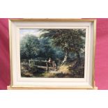 19th century Norwich School oil on panel - two figures by a bridge among woodland, in gilt frame,