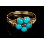 Regency turquoise forget-me-not ring, the turquoise flower head centred with a rose cut diamond,