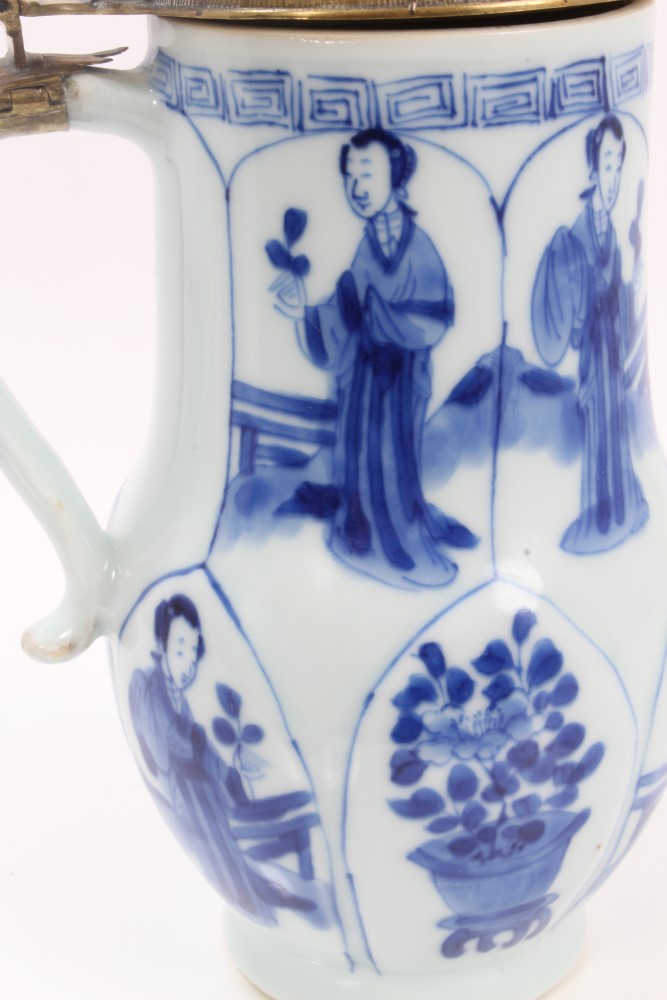 Late 17th century Chinese Kangxi blue and white and gilt metal mounted tankard and cover with - Image 9 of 13