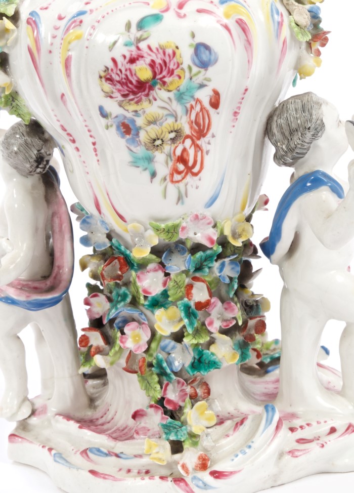 Fine 18th century Bow polychrome porcelain vase with putto mount to lid and three putti supporters - Image 4 of 14