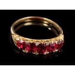 Late Victorian natural ruby five-stone ring with five cushion-shape mixed cut natural rubies with
