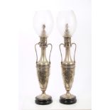 Pair unusual and impressive early 20th century silver plated oil lamps with classical urn-shape