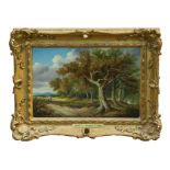 Obadiah Short (1803 - 1886), oil on panel - figures walking on a wooded track, in gilt frame,