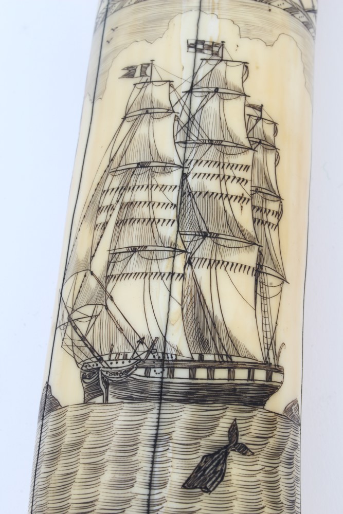 20th century carved hippopotamus tooth with ornate scrimshaw decoration depicting the whaling ship - Image 5 of 10