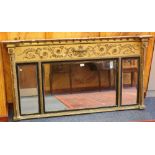 Regency gilt gesso triple plate overmantel mirror with central rectangular bevelled plate and