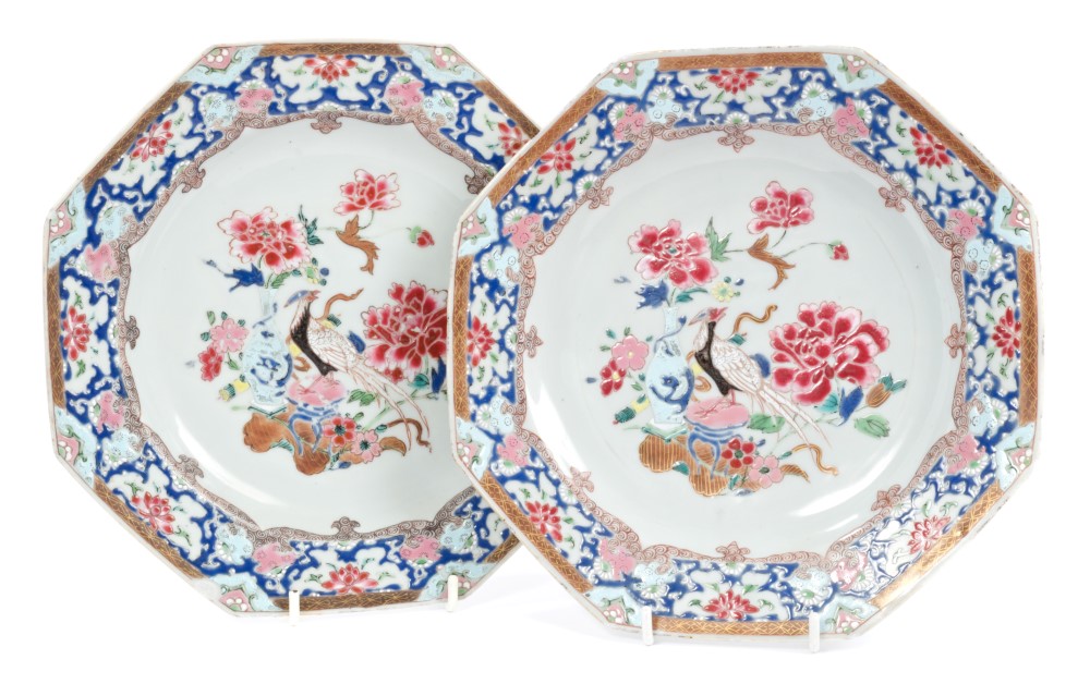 Pair mid-18th century Chinese export octagonal plates, polychrome painted with exotic birds,
