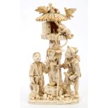 Impressive large late 19th century Japanese carved ivory figure group of two musicians with monkey