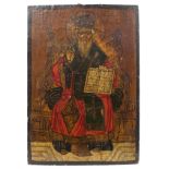 19th century Greek tempera on panel, possibly Saint Charalambos, seated on a throne,