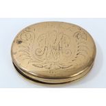 Late 17th century Dutch brass oval tobacco box finely engraved with hunting scene to one side,