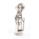 Rare Edwardian silver 'Suffragette' pepperette or muffineer in the form of a standing woman wearing