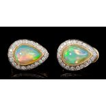 Pair opal and diamond earrings, each pear-shape cabochon opal estimated to weigh approximately 3.