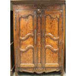 Fine quality late 18th / early 19th century French fruitwood armoire with shaped cornice and carved