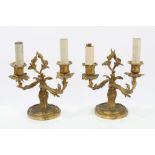 Pair 19th century French ormolu two-branch candelabra converted to electric lamps with rococo