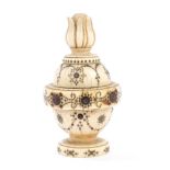 Fine 18th century Indian carved ivory urn-shaped terminal with inlaid tortoiseshell and brass piqué