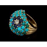 1960s Kutchinsky diamond, sapphire and turquoise cocktail ring of bombe form,