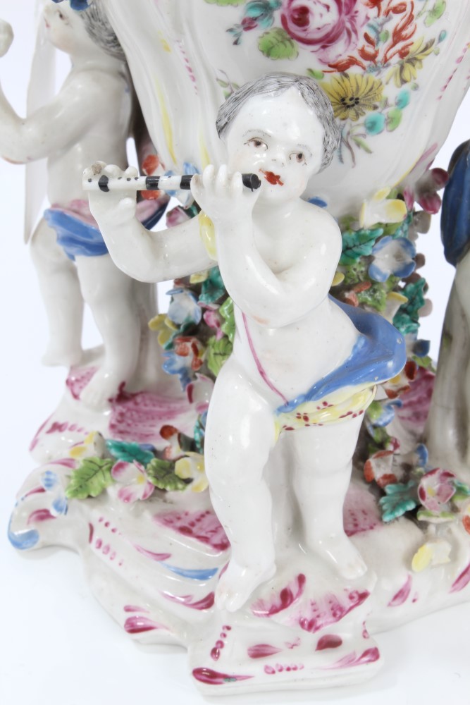 Fine 18th century Bow polychrome porcelain vase with putto mount to lid and three putti supporters - Image 7 of 14