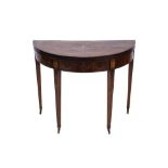 George III mahogany and marquetry inlaid demi-lune card table,