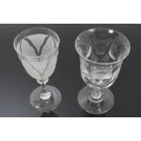 Early Victorian glass goblet with bell-shaped slice-cut bowl, faceted swollen stem with air-bubble,