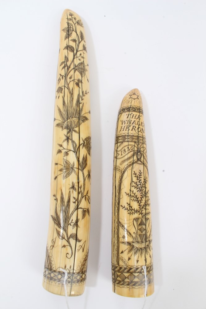 20th century carved hippopotamus tooth with ornate scrimshaw decoration depicting the whaling ship - Image 2 of 10