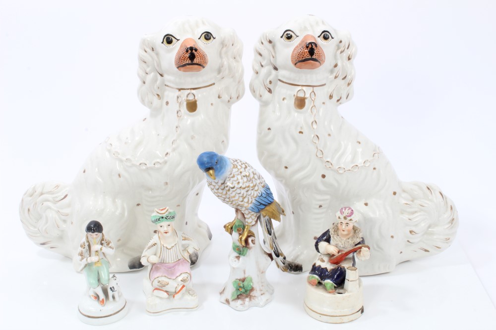 Pair Victorian Staffordshire pottery King Charles Spaniel ornaments with gilt decoration, 32cm,