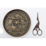 Japanese bronzed hand mirror finely worked in relief with cranes and tortoise, 12cm diameter,