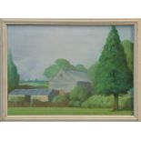 Follower of Patrick George (1923 - 2016), oil on board - landscape with farm buildings, 38cm x 54cm,