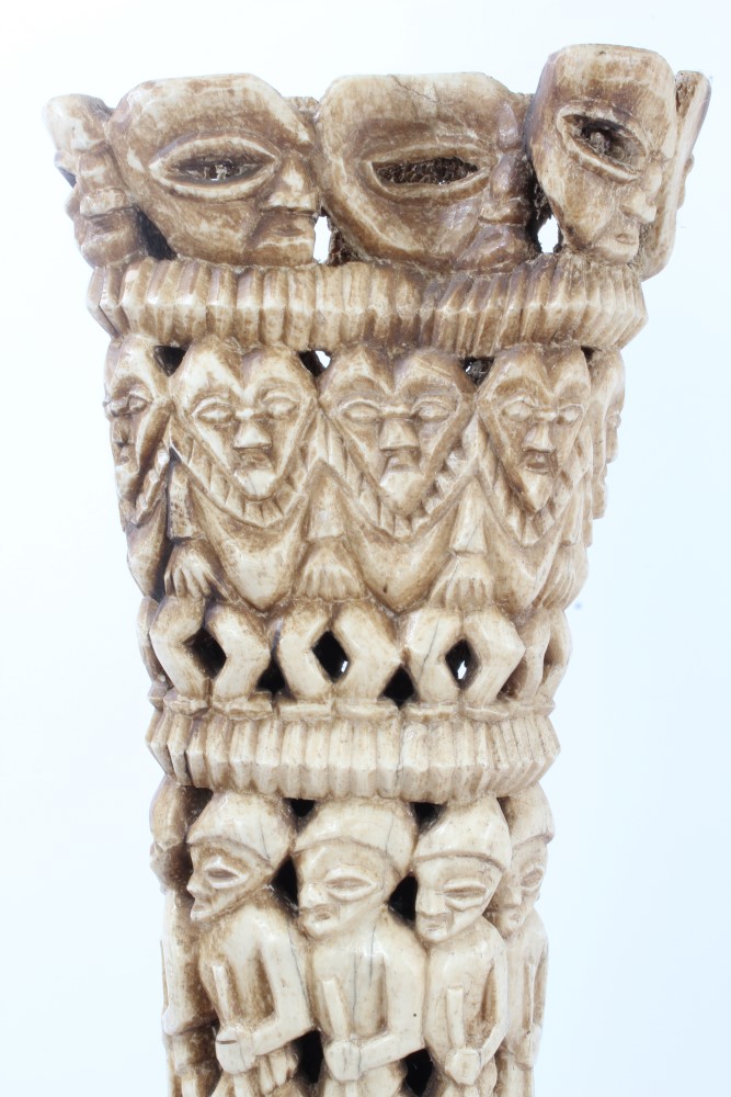 Large Old African, possibly Nigerian carved elephant bone decorated with human figures and masks, - Image 2 of 9