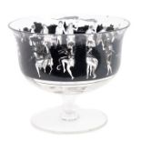 1920s Vedar black painted glass pedestal bowl with dancing figure and faun decoration,