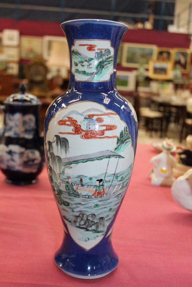 Pair early 20th century Chinese export famille verte oviform vases with figure in landscape and - Image 5 of 10