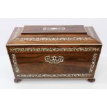 Fine Regency Anglo-Indian rosewood and ivory inlaid tea caddy of sarcophagus form,