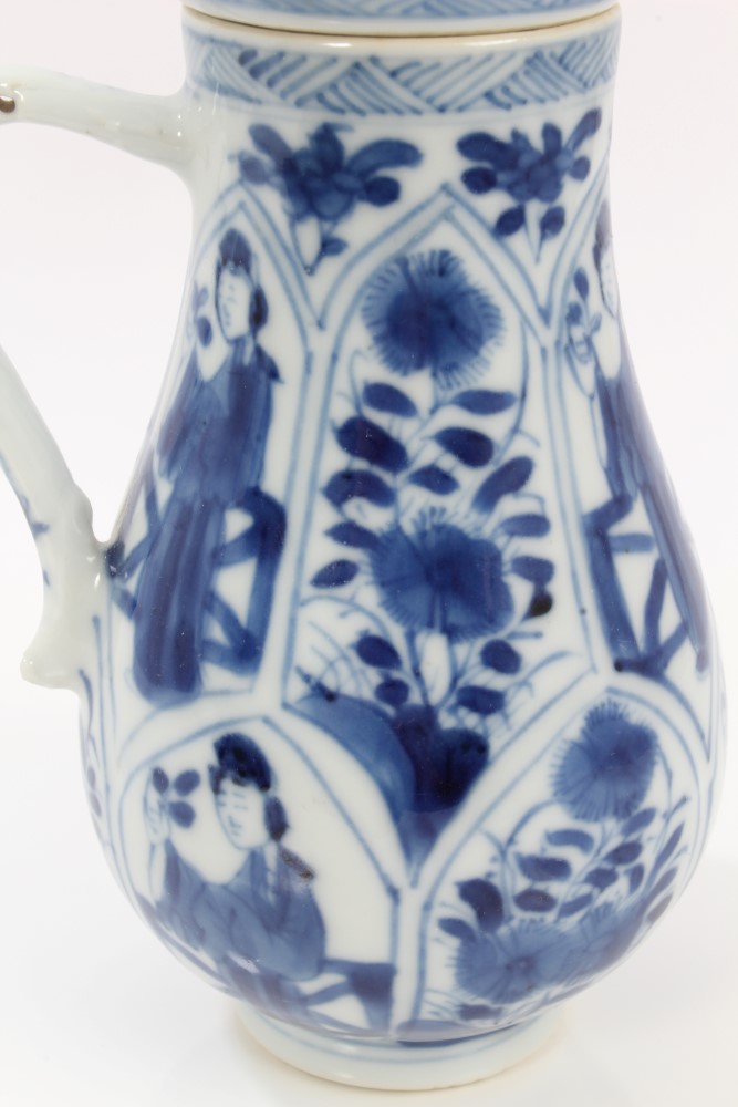 Late 17th century Chinese blue and white jug and cover with moulded and painted figure and floral - Image 11 of 12