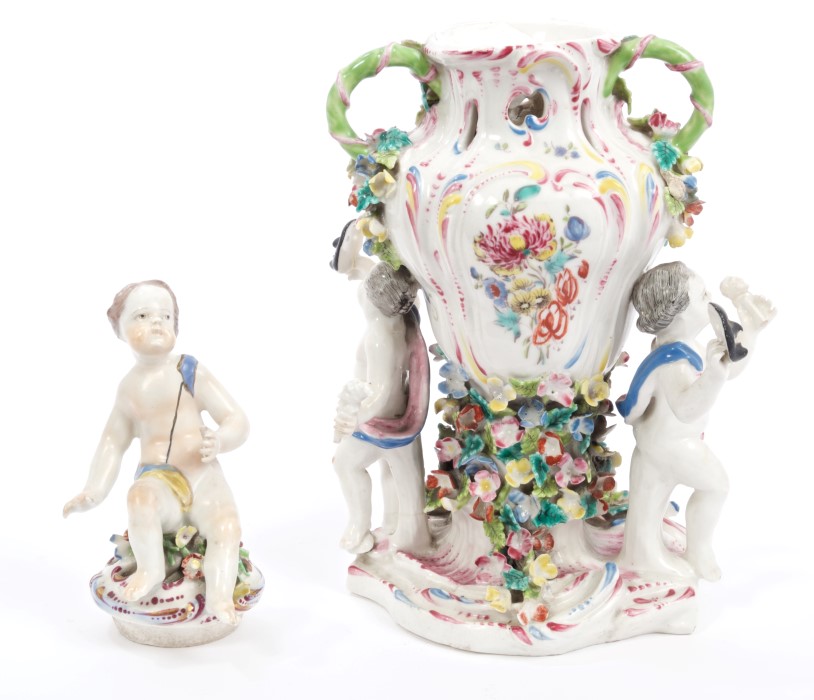 Fine 18th century Bow polychrome porcelain vase with putto mount to lid and three putti supporters - Image 3 of 14