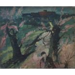 Paul Earee (1888 - 1968), oil on board - Brooding landscape with figure, signed,