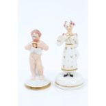 Two early 19th century Staffordshire figures of a lady and a putto with fruit, on circular bases,