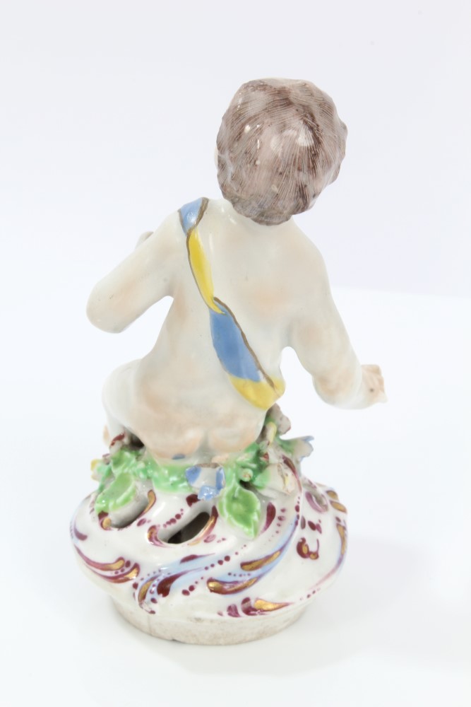 Fine 18th century Bow polychrome porcelain vase with putto mount to lid and three putti supporters - Image 13 of 14