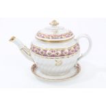 Early 19th century Coalport oval teapot and cover on stand with purple and gilt floral bands,