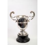 1930s silver trophy cup with flared rim and twin scroll handles,