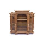 Early 20th century French walnut parquetry and gilt-heightened display cabinet of breakfront