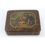 Regency papier mâché snuff box painted with huntsman with deer, on gilt floral scroll ground,