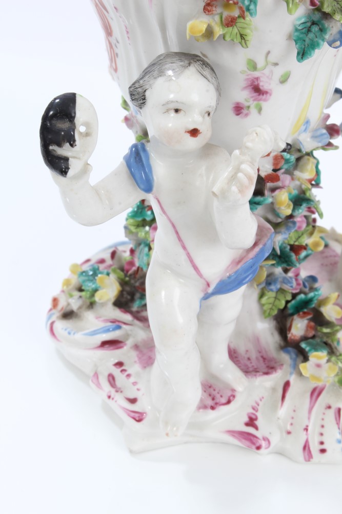 Fine 18th century Bow polychrome porcelain vase with putto mount to lid and three putti supporters - Image 10 of 14