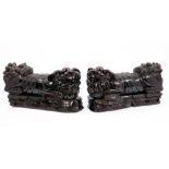 Pair large 19th century Chinese carved hardwood Dogs of Foo, with carved ball in mouth,