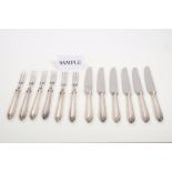Set of six pairs 1940s fruit knives and forks with silver bead pattern handles and steel blades and