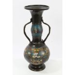 Antique Chinese bronze and cloisonné vase with bamboo-style handles and archaic decoration,